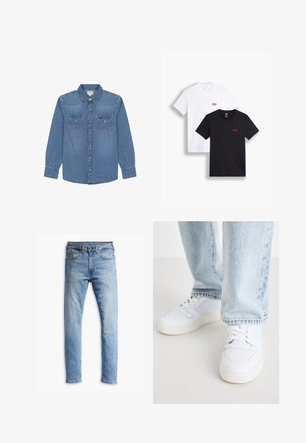 Camisa de mezclilla de manga larga en azul claro con collar puntiagudo, dos bolsillos en el pecho, botones a presión y detalles de costura reforzada. Etiqueta de la marca Wrangler en el bolsillo.; Dos camisetas de manga corta: una blanca y una negra. Ambas de algodón con un logo rojo de Levi's en el pecho. Diseño simple de cuello redondo.; Vaqueros de denim azul claro con un diseño de corte recto, cinco bolsillos, cierre de botón y un leve desgastado en la tela.; Zapatillas bajas de cuero blanco con puntera perforada, cordones planos y diseño minimalista. Combinadas con pantalones vaqueros de mezclilla azul claro.