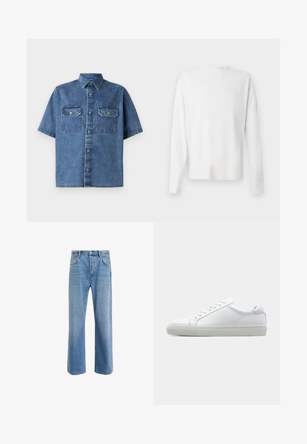 Kratka denim srajca v sredinji modri barvi. Ima koničast ovratnik, dve žepni na prsih in gumbno zapiranje z metalnimi detajli. Gladka tekstura.; Bela bombažna srajca z dolgimi rokavi in okroglo ovratnikom, z bočnimi razporki na dnu in gladko teksturo, prikazana s hrbtne strani.; Svetlo modre denim kavbojke s ravno nogavico, petimi žepi, z gumbom za zapiranje, minimalnim zbledelostjo in kontrastnimi šivi.; Bela športna obutev z gladkim usnjenim zgornjim delom in nizkim profilom. Ima zaokrožen nos, šest lukenj za vezalke in teksturiran gumijast podplat.