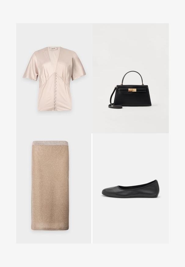Korte mouwen blouse van glad, lichtbeige satijn met een diepe V-hals en decoratieve knopen in het midden.; Beige gebreide sjaal met een subtiele glans, textuurafwerking en een lichter gekleurd randje aan de bovenrand. Huidige vorm.; Zwarte leren ballerina met een ronde neus, gladde textuur, minimale stikdetails en een flexibele zoolontwerp.; Zwarte leren handtas met een gestructureerde trapeziumvorm, gouden slot en contrasterende witte stiksels. Inclusief een korte handgreep en een lange schouderriem.