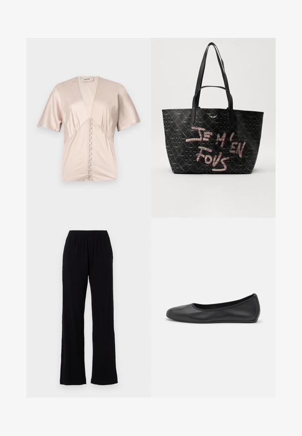 Korte mouwen blouse van glad, lichtbeige satijn met een diepe V-hals en decoratieve knopen in het midden.; Zwarte, lichte, elastische taillebroek met een rechte pijpdesign. Zachte textuur zonder zichtbare patronen of accenten. Eenvoudige en veelzijdige stijl.; Zwarte leren ballerina met een ronde neus, gladde textuur, minimale stikdetails en een flexibele zoolontwerp.; Zwarte tote bag van gestructureerd materiaal met een diamanten patroon, schouderbanden en vetrode en witte tekst met de tekst "JE M'EN FOUS."