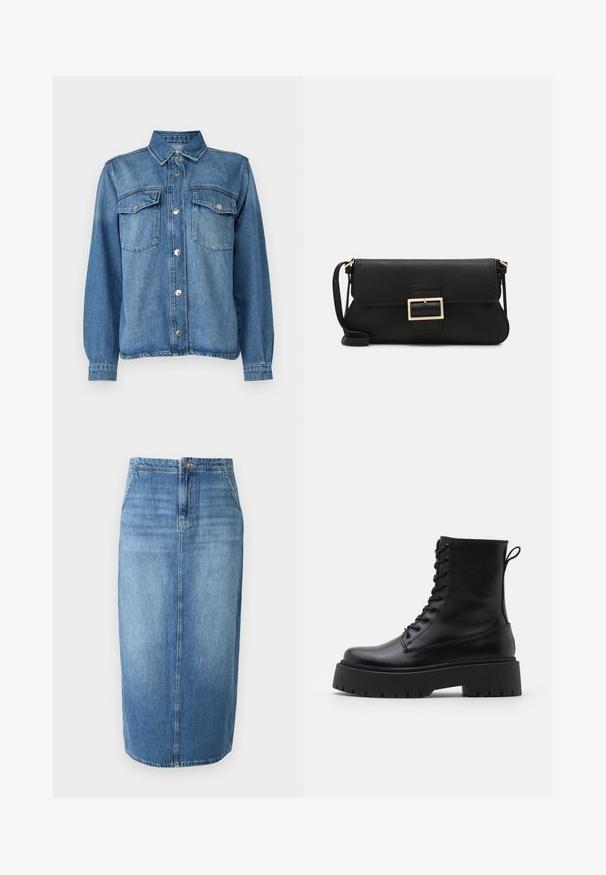 Denim jacket in light blue with front button closure, two chest pockets, pointed collar, and long sleeves with buttoned cuffs.; Denim pencil skirt in light blue featuring a straight cut, front button closure, and subtle fading. Hemline is just above the knee.; Black leather ankle boots with a round toe, lace-up front, and a thick rubber sole featuring a textured tread. Pull tab at the back.; Black leather clutch bag with a flap and a gold metal buckle detail. Includes a black strap and a sleek, minimalist design.