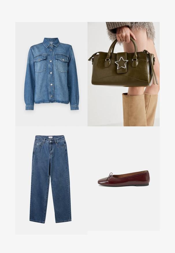 Jaqueta de ganga em azul claro com fecho frontal por botões, dois bolsos no peito, gola pontuda e mangas longas com punhos abotoados.; Jeans de denim azul clássicos com um design de perna reta, cinco bolsos e fecho de botão. Apresenta um tratamento médio e uma textura resistente.; Bailarinas em couro sintético borgonha com bico redondo, pequeno laço na frente e sola baixa em borracha preta. Textura suave.; Bolsa de mão em pele sintética verde oliva com detalhe de estrela prateada, alças duplas e fecho com zip. Superfície texturizada e forma estruturada.