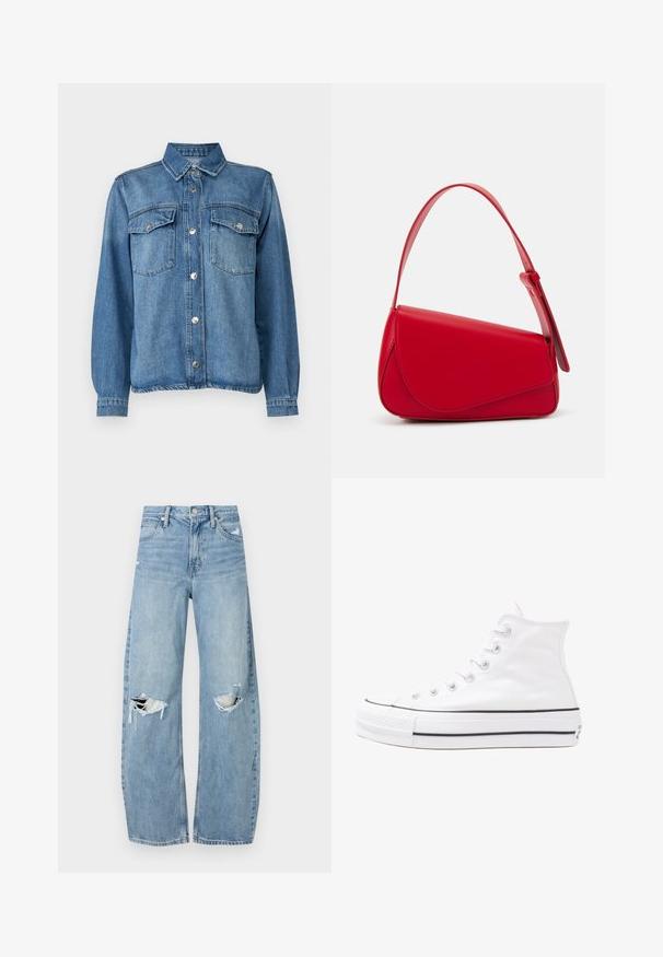 Τζάκετ τζην ανοιχτού μπλε με κλείσιμο μπροστά με κουμπιά, δύο τσέπες στο στήθος, αιχμηρός γιακάς και μακριά μανίκια με κουμπωτές μανσέτες.; Ανοιχτόμπλε, ψηλόμεσα τζιν φτιαγμένα από τζιν ύφασμα. Διαθέτουν φαρδιές καμπάνες, δύο σκισμένα γόνατα και κλασικό στιλ πέντε τσεπών.; Λευκό ψηλό καμβαδάκι αθλητικό παπούτσι με μαύρη καουτσούκ σόλα, πρόσθιο καουτσούκ καλύμματος δακτύλου και έξι οπές για κορδόνια, με μια καθαρή και μίνιμαλ σχεδίαση.; Κόκκινη δερμάτινη τσάντα χειρός με γωνιακό, γεωμετρικό σχέδιο. Διαθέτει έναν ρυθμιζόμενο ιμάντα και κλείσιμο με καπάκι που έχει ραφές.