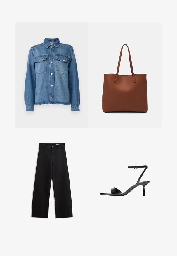 Világoskék farmerdzseki elülső gombos záródással, két mellzsebbel, hegyes gallérral és gombbal záródó hosszú ujjakkal.; Fekete, bő szabású farmernadrág magas derékkal, elülső és hátsó zsebekkel, varrott felületekkel és gombos záródással. Sima textúra.; Bershka Magas sarkú szandálok - black; Barna bőr vászontáska sima textúrával, nyitott tetejű dizájnnal és két vállpánttal. Minimális varrással és látható hardver nélkül készült.