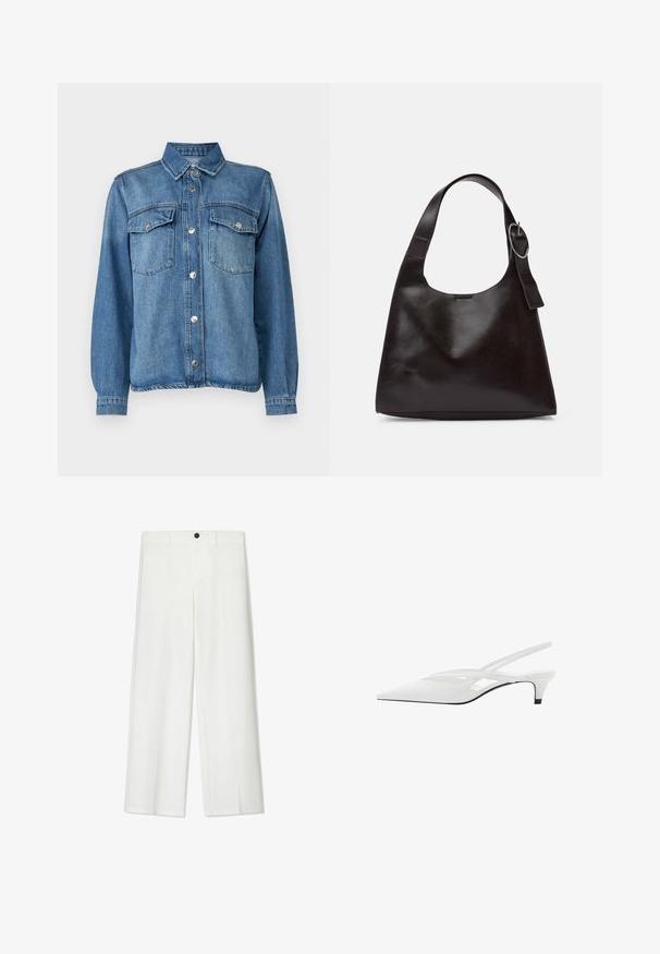 Džínová bunda svetlomodrej farby so zapínaním na gombíky vpredu, dvoma náprsnými vreckami, špicatým golierom a dlhými rukávmi so zapínaním na gombíky.; Biele široké nohavice s hladkou textúrou, so zapínaním na prednej strane a pútkami na opasok, navrhnuté pre voľný strih.; Biele slingback podpätky s špicatou špičkou, s hladkým zvrškom, jemnými výrezmi a nízkym blokovým podpätkom. Čierna podrážka zvýrazňuje dizajn.; Hnedá kožená taška cez rameno s hladkým povrchom, zaobleným tvarom, širokým popruhom a kruhovým kovovým akcentom na rúčke.