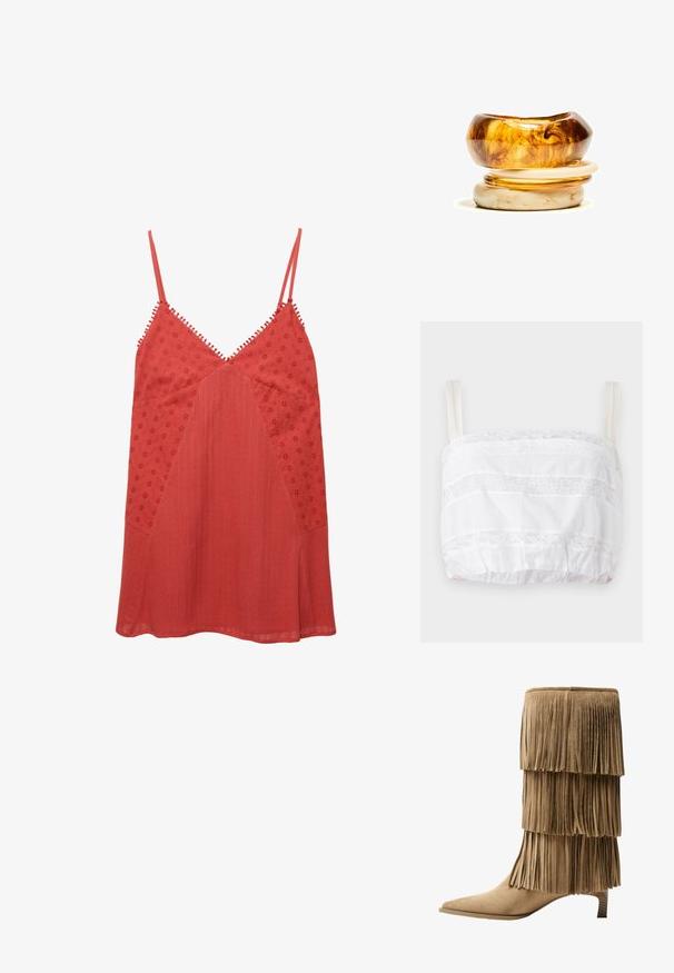 Valkoinen lyhyt toppi, jossa on pitsiyksityiskohtia, vaakasuoria kankaan ja pitsin vyöryjä, säädettävät olkaimet ja elastinen alahelma.; Punainen ilman hihoja oleva toppi, jossa on V-huiving, esittää brodeerattuja kukkakuvioita ja tekstuureja paneeleja, viimeistelty koristeompeleet hihnojen reunalla.; Fringe nilkkurit vaaleassa mokassa, joissa on kolme kerroksellista fringia. Teräväkärkiset ja matalalla blokkikorkealla varustetut. Tasainen pinta kauttaaltaan.; Kudottu oljetikassi, jossa on punottu rakenne, tummanruskeat nahkakahvat ja pohja, leveä pyöreä muoto ja avoin ylhästä muotoilu.; Kaksi rengasta päällekkäin; päällimmäinen on amber-värinen kiehkuroilla ja alhaalla vaaleanbeige; molemmat ovat sileitä ja kiiltävää hartsia.