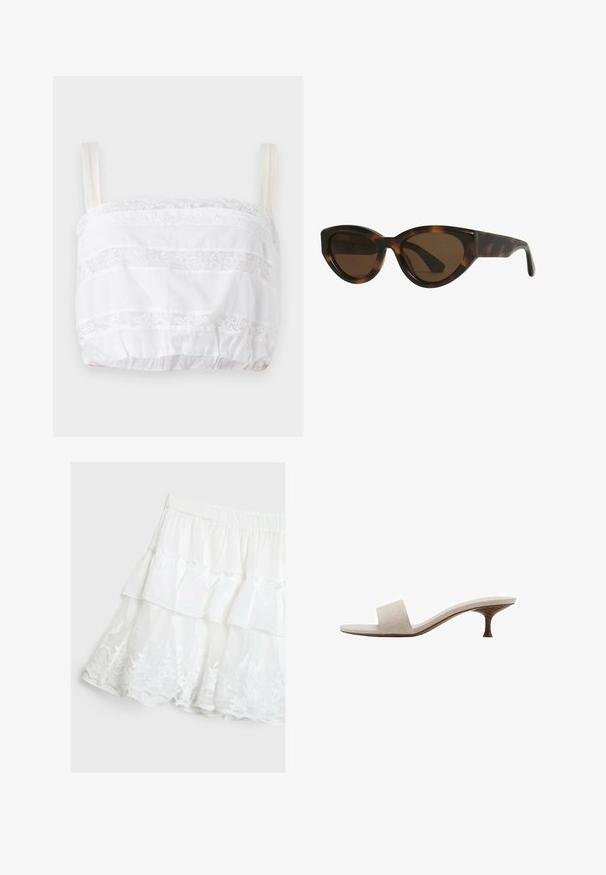 Bílý zkrácený top s krajkovými detaily, s horizontálními pruhy látky a krajkovým lemem, nastavitelné ramínka a elastický spodní lem.; Bílá vrstvená sukně vyrobená z lehkého materiálu, s volánkovým designem a květinovou krajkovou lemovkou na spodním okraji. Elastický pas.; Sanda ly bez podpatku s béžovým tkaným svrškem, otevřenou špičkou a zakřivenou dřevěnou podešví. Design má hladký povrch a minimalistický tvar.; Kočičí sluneční brýle ve stylu želvoviny s hnědými skly, se hladkými, lesklými plastovými rámy a moderním designem. Žádné viditelné logo ani akcenty.; Tory Burch RADZIWILL COLOR-BLOCK PEBBLED PETITE DOUBLE BAG - Kabelka - wild mushroom; Bílý klip na vlasy ve tvaru květiny s jemným žluto-béžovým přechodem, obsahující pružinový mechanismus a hladký plastový povrch.