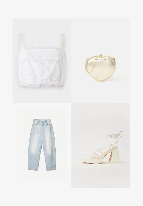 Fehér, csipkés részletekkel ellátott cropped top, vízszintes csíkokkal a szöveten és csipke díszítéssel, állítható pántokkal és rugalmas alsó szegéllyel.; Világoskék farmernadrág, laza szabással, elhasználódott hatással, két elülső zsebbel és gombos zárással a derékrészen.; Fehér, magassarkú szandál vastag sarokkal, pántos dizájnnal és bokapánttal. Sima textúra, elülső platformmal a megnövelt magasság érdekében.; Arany fém szív alakú táska lánc pánttal és gyöngy zár részlettel. Simaszerkezet, kompakt kialakítás a kis alapvető dolgokhoz.
