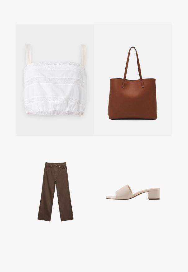 Bela skrajšana majica z detajli iz čipke, s horizontalnimi črtami iz blaga in čipkastim robom, nastavljivimi naramnicami in elastičnim robom na dnu.; Široke rjave kavbojke iz denima, ki imajo visok pas, sprednje žepe in klasično zapiranje na gumb. Gladka tekstura s subtilnim šivom.; Beige sandala na blok peti s širokim trakama i otvorenim prstima. Glatki materijal i elegantan dizajn. Kratka, čvrsta potpetica za stabilnost.; Rjava usnjena torba z gladko teksturo, odprto zasnovo zgoraj in dvema naramnima trakovoma. Opremljena je z minimalnim šivanjem in brez vidnih kovinskih delov.