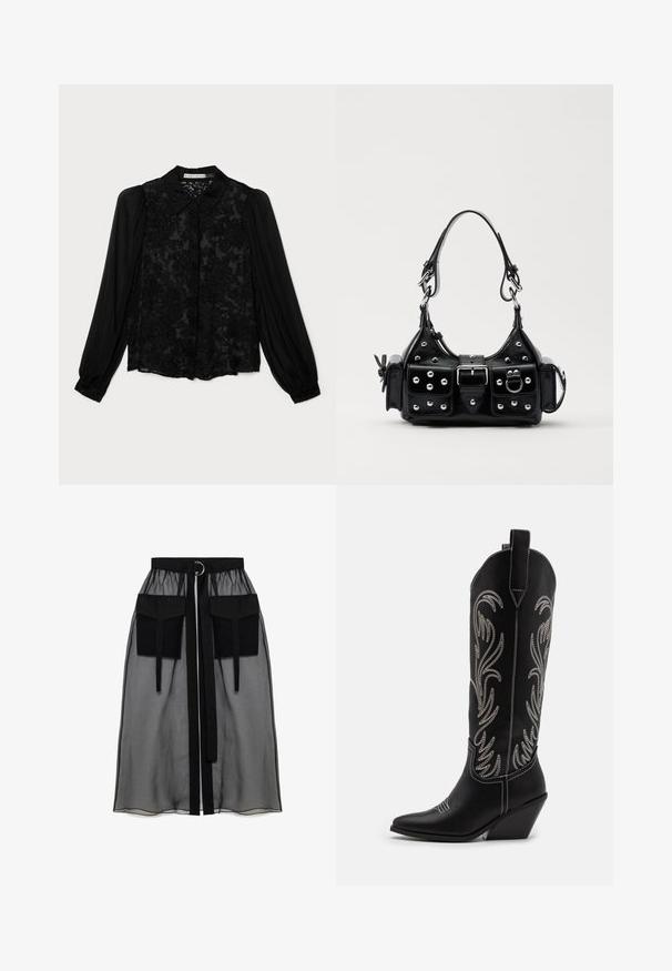 Alice + Olivia Overhemdblouse - gardenia black; Zwarte doorschijnende rok met een verzameld tailleband, voorzien van twee grote voorzakken, een tailleband met strik en een ronde metalen accent.; Zwarte leren cowboylaarzen met spitse neuzen, wiggenhakken en zilver geborduurde bloemmotieven langs de schacht. Contrasterende stiksels overal.; Zwarte lederen handtas met een gebogen ontwerp, voorzien van zilveren studs, een gesp en twee zijvakken. Verstelbare schouderband voor verschillende draagmogelijkheden.