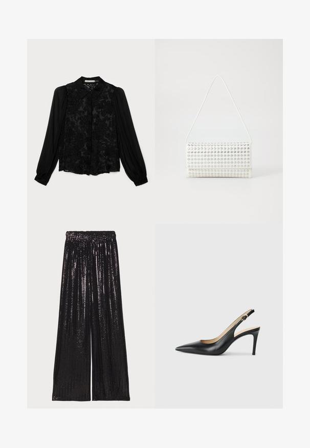 Alice + Olivia Button-down blouse - gardenia black; Black, wide-leg trousers made of sequined fabric, featuring a textured surface and an elastic waistband for a comfortable fit.; Black leather slingback high heels with a pointed toe, adjustable strap, and a sleek stiletto heel, featuring a smooth finish.; White handbag with a rounded shape, featuring a textured surface of silver studs. It has a thin shoulder strap and a sleek closure.