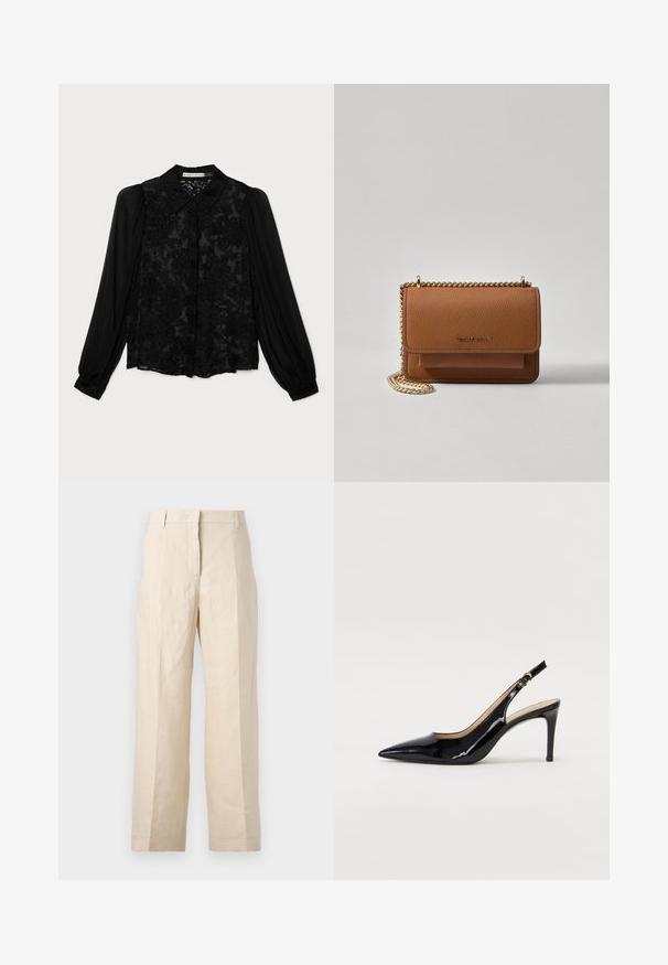 Alice + Olivia Camicia - gardenia black; Pantaloni di lino beige con una vestibilità ampia, fronte plissettato e gambe dritte. Presentano una vita con passanti per cintura e senza tasche visibili.; Pumps slingback in pelle verniciata nera con punta affilata, tacco sottile e un design con ritagli delicati. Caratterizzate da una fibbia dorata sul cinturino.; Borsa a tracolla in pelle marrone con texture, dotata di catena dorata e chiusura a pattina. Sul davanti presenta un dettaglio con logo e una tasca sotto la pattina.