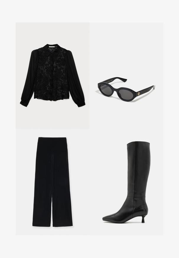 Alice + Olivia Gombos blúz - gardenia black; Emporio Armani PANTALONI - Nadrágok - nero; Zign Csizmák - black; Fekete ovális napszemüveg sötét lencsékkel és fényes műanyag kerettel. Aranyszínű logóval rendelkezik a szárán, amely elegáns és modern megjelenést biztosít.