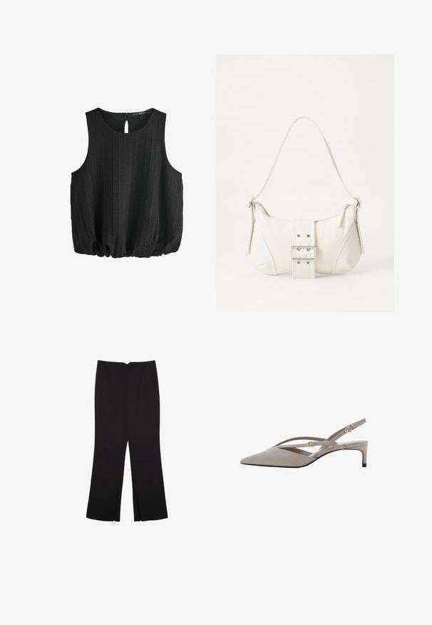 Schwarzes ärmelloses Oberteil aus strukturiertem Stoff, mit Rundhalsausschnitt und einem Schlüsselloch-Detail im Rücken. Verfügt über einen gerafften Saum für eine lässige Passform.; Schwarze Hose mit geradem Schnitt, ausgestattet mit Fronttaschen und Seitenschlitzen am Saum. Hergestellt aus weichem, glattem Stoff. Geeignet für verschiedene Anlässe.; Beige Slingback-High Heels mit spitzem Zehenbereich, dünnen, gekreuzten Riemen und einem kurzen Stiletto-Absatz. Glattes Material mit goldfarbenen Hardware-Akzenten.; Weiße Schultertasche mit texturierter Oberfläche, zentralem Schnallenakzent und geschwungener Form. Reißverschluss an beiden Seiten.