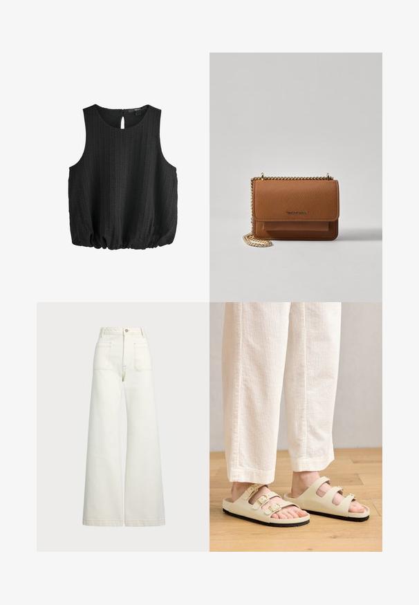 Top senza maniche nero in tessuto testurizzato, con scollatura rotonda e dettaglio a chiave sulla schiena. Presenta un orlo arricciato per una vestibilità rilassata.; Jeans a gamba larga in denim bianco sporco. Design a vita alta con chiusura a bottone, due tasche frontali e dettagli di cucitura a contrasto.; Sandali beige chiari con tre cinturini regolabili con fibbie metalliche, una soletta imbottita e una suola in gomma nera.; Borsa a tracolla in pelle marrone con texture, dotata di catena dorata e chiusura a pattina. Sul davanti presenta un dettaglio con logo e una tasca sotto la pattina.