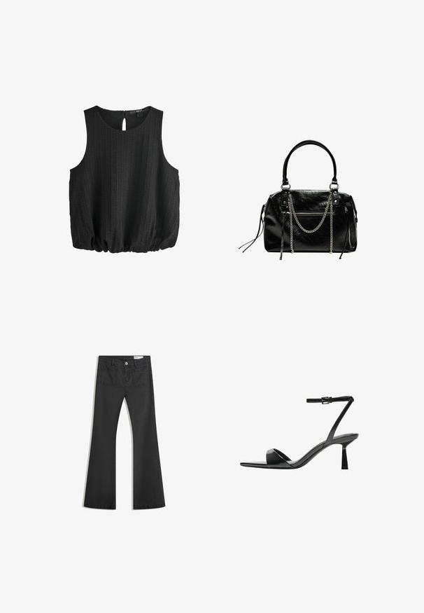 Top senza maniche nero in tessuto testurizzato, con scollatura rotonda e dettaglio a chiave sulla schiena. Presenta un orlo arricciato per una vestibilità rilassata.; Jeans neri a campana realizzati in denim con una texture liscia, dotati di due tasche posteriori e chiusura con bottone in vita.; Bershka Sandali con tacco - black; Bershka WITH CHAIN - Borsa a mano - black