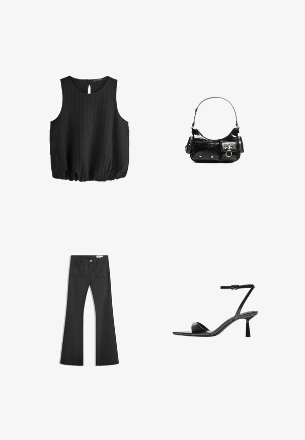 Czarny bezrękawnik z teksturowanej tkaniny, okrągłym dekoltem i detalem w formie okienka z tyłu. Posiada marszczony dół, co zapewnia luźny fason.; Czarne dżinsy w fasonie z dzwonami, wykonane z denimu o gładkiej teksturze, z dwiema tylnymi kieszeniami i zapięciem na guzik w talii.; Bershka - Sandały na obcasie; Czarna torebka z lakierowanej skóry o zaokrąglonym kształcie, z jednym paskiem na ramię, przednimi kieszeniami i akcentami w kolorze srebrnym.