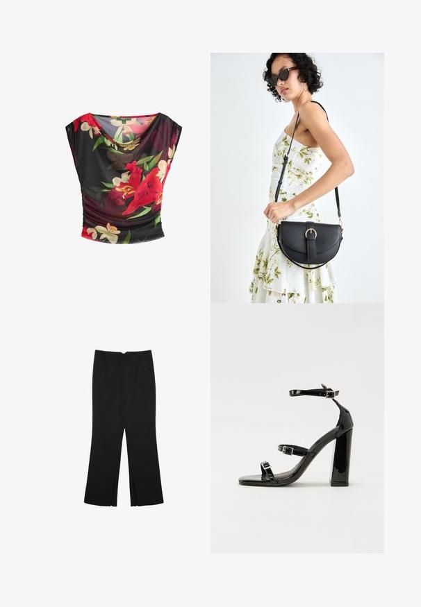 Bluse mit floralen Motiven aus schwarzem Mesh-Stoff, mit roten und weißen Blumenmustern, gerafftem Ausschnitt und kurzen, weiten Ärmeln.; Schwarze Hose mit geradem Schnitt, ausgestattet mit Fronttaschen und Seitenschlitzen am Saum. Hergestellt aus weichem, glattem Stoff. Geeignet für verschiedene Anlässe.; Schwarze patentierte Sandalen mit Absatz, quadratischer Spitze, Knöchelriemen und silbernen Schnallen. Mit einem stabilen Blockabsatz für mehr Stabilität.; Schwarze Lederhandtasche mit geschwungener Form, abnehmbarem Tragegurt und goldenen Beschlägen. Die Tasche verfügt über einen Deckel mit einer Schnallen-Details.