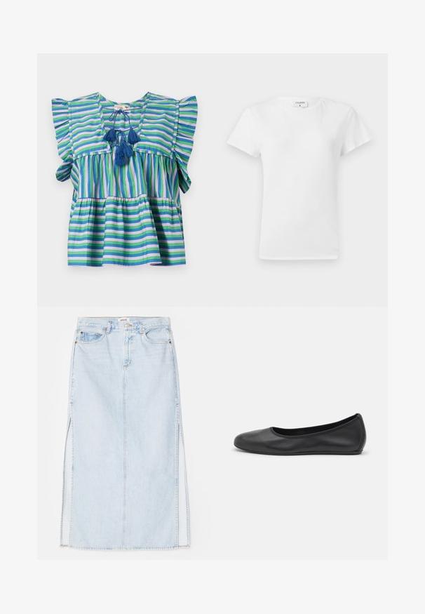Prúhovaná bavlnená blúzka s krátkymi volánovými rukávmi, s modrými, zelenými a fialovými pruhmi, a tromi modrými strapcami na krku.; Biela bavlnená tričko s okrúhlym výstrihom a krátkymi rukávmi, s voľným strihom a minimalistickým dizajnom. Nálepka viditeľná na krku.; Svetlo modrá dlhá riflová sukňa so strihom na rovno, s bočnými rozparkami a dizajnom s piatimi vreckami. Výrazné prešívanie a kovový zips na zapínanie.; Čierne kožené baleríny s okrúhlou špičkou, hladkým povrchom, minimálnym prešívaním a flexibilným dizajnom podrážky.