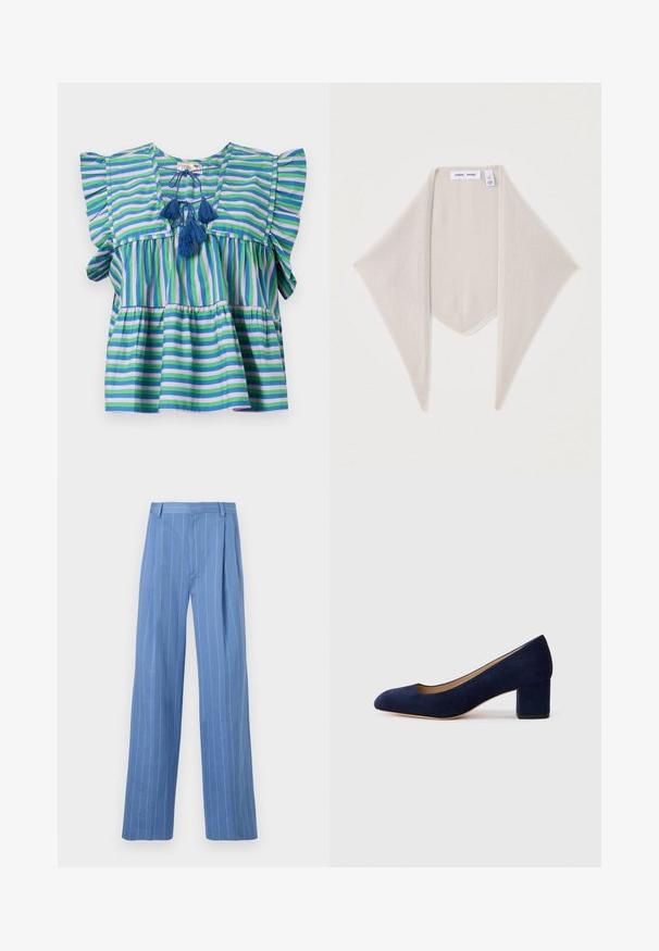 Črtasta bombažna bluzica s kratkimi nabranimi rokavi, ki ima modre, zelene in vijolične črte ter tri modre resice na vratu.; Svetlo modre široke hlače z vertikalnimi belimi črtami. Narejene iz gladkega materiala, z sprednjim pregibom in čistim dizajnom pasu.; Temno modri nubuk čevlji s koničastim nosom in srednje visokim blokom. Gladka tekstura z diskretnim sijajem in majhnim izrezom spredaj.; Bež trikotna pletena ruta z ostro končno obliko, z znamko in certifikatom blizu zgornjega roba.