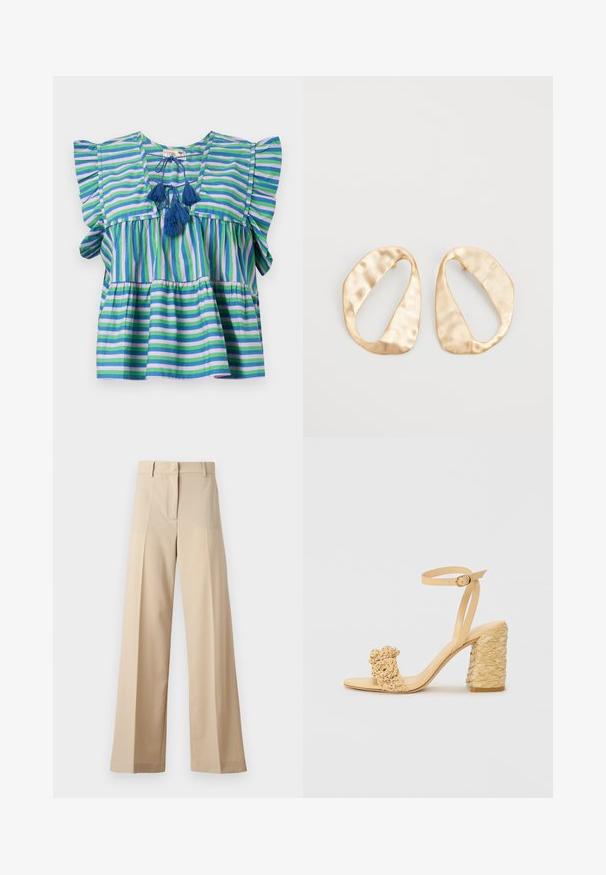 Dryžuota medvilninė bluzelė su trumpomis raukinėmis rankovėmis, puošta mėlynomis, žaliomis ir violetinėmis juostelėmis, bei trimis mėlynomis kutais kaklo srityje.; Smėliniai plačių kojų kelnių pagamintos iš lygaus audinio, su plokščiu priekiu su klostėmis, užtrauktuku ir kilpomis diržui. Visapusiškai pritaikyta forma.; Bežiniai aukšti kulniukai su pintu tekstūra, puošiami dekoratyvine gėle ir kulkšnies dirželiu. Kvadratinis kulnas suteikia stabilumo.; Nedidelis nereguliarus ovalo formos aukso tono metalinių auskarų pora su tekstūruota, šiek tiek kalta paviršiumi ant balto fono.