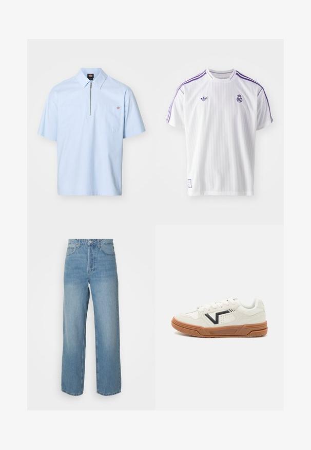 Košulja svijetloplave boje s kratkim rukavima, oštrim ovratnikom, prednjim zatvaračem i dva velika zakrpa. Izrađena od glatkog materijala s ležernim krojem.; Bijela sportska majica s ljubičastim prugama, s okruglim izrezom, kratkim rukavima i izvezenim logotipima na prsima. Uzorak s vertikalnim ušicama.; Svijetloplave traperice viskog struka s ravnim nogavicama, prednjim kopčanjem na gumbe i pet džepova na jednobrojnoj pozadini.; Bijele atletske tenisice sa teksturom od antilopa, s crnim detaljem logotipa, gumenenim potplatom i ravnim vezicama. Čist, moderan dizajn.