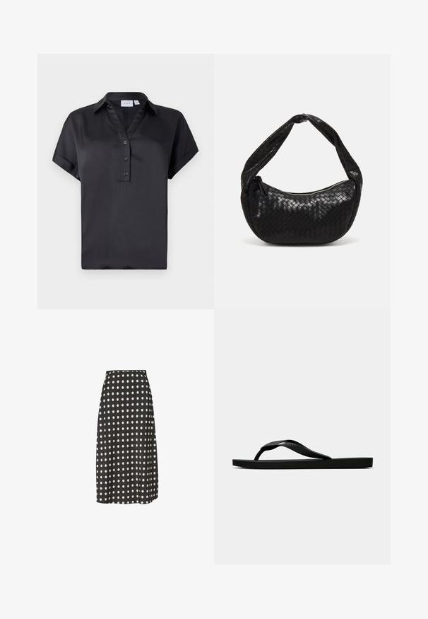 Juodas trumpomis rankovėmis marškinėliai su mygtukų užsegimu, apykakle ir lygia tekstūra. Paprastas dizainas su tiesiu kirpimu ir be matomų raštų.; Juoda midi sijonas su baltais taškeliais, pagamintas iš lygaus audinio. Turi aptemptą liemenį ir šiek tiek šoninio plyšio, kad būtų patogiau judėti.; Juodas gumos šlepetės tipo sandalai su tekstūruota dirželiu ir paprastu plokščiu padu, rodomi iš šono ant vientiso šviesaus fono.; Juodas pintas odinis rankinės su išlenkta forma, turinti storą rankeną ir užtrauktuko uždarymą. Textūruota paviršius su blizgiu finišu.