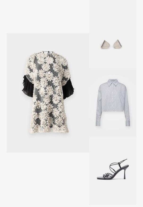 Avskuren skjorta med knappar i blå och vita ränder, med klassisk krage, långa ärmar och en bröstficka. Slät tygkänsla.; Blommönstrad klänning i genomskinligt material med beige blommor på grå prickig bakgrund; svarta plisserade kortärmar ger textur.; Svarta högklackade sandaler har tunna remmar med en knuten design, en slät fyrkantig tå och en smal stilettklack.; Silverfärgade metallörhängen med en slät, tårformad design och en polerad yta. Subtila gravyrer tillför detaljer. Minimalistisk design.