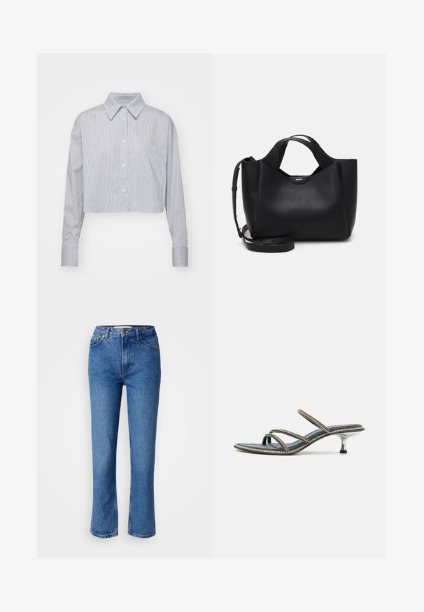 Cropped button-up shirt in blue and white stripes, featuring a classic collar, long sleeves, and single chest pocket. Smooth fabric texture.; Blue denim jeans with a straight-leg cut, featuring a classic five-pocket design, orange stitching, and a button fly closure.; Denim sandal with three thin straps adorned with rhinestones, pointed toe, and a metallic, stiletto-style heel. Non-slip base.; Black leather handbag with textured finish, angular shape, dual handles, and an adjustable shoulder strap. Features a DKNY logo accent.