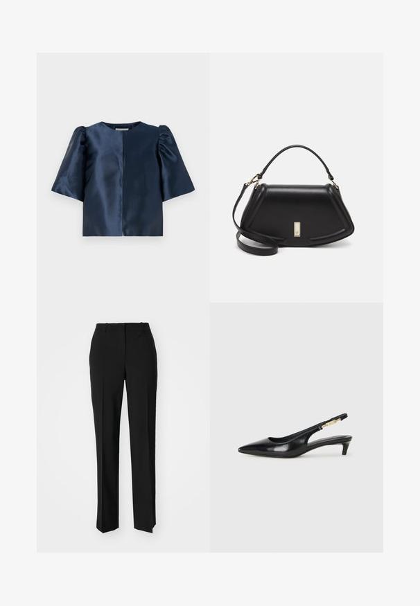 Marinblå satinskjorta med puffärmar, rund halsringning och rak framöppning. Har en slät, glänsande yta.; Svarta skräddarsydda byxor med rak benform, med en slät yta och skarpa veck fram. Ingen synlig hårdvara.; Svart läder slingback-hälar med spetsig tå, med en smal klack och en guldtonad detalj på den justerbara remmen. Slät textur.; Svart läderhandväska med en strukturerad design, som har en avskuren form, ett handtag upptill och guldiga detaljer. Justerbar axelrem ingår.