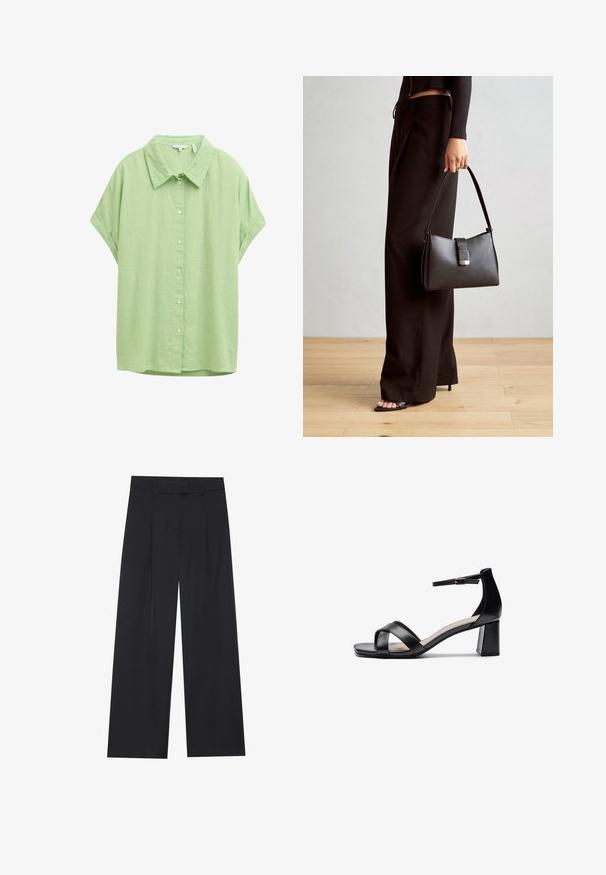 Košulja kratkih rukava, na dugme, u svijetlozelenoj tkanini. Ima klasičan ovratnik, opušten kroj i glatku teksturu.; Crne široke hlače s glatkom teksturom, koje imaju dva prednja nabora, pojas i bez vidljivih detalja ili džepova.; Crne sandale s otvorenim prstima i potpeticama, s ukriženim trakama, podesivom narukvicom oko gležnja i masivnom potpeticom, izrađene od glatke kože.; Crna torba s oblikom koji sadrži strukturu, glađu teksturu i metalnu kopču. Uparena s širokim crnim hlačama i sandalama na otvorenom s drvenog poda.