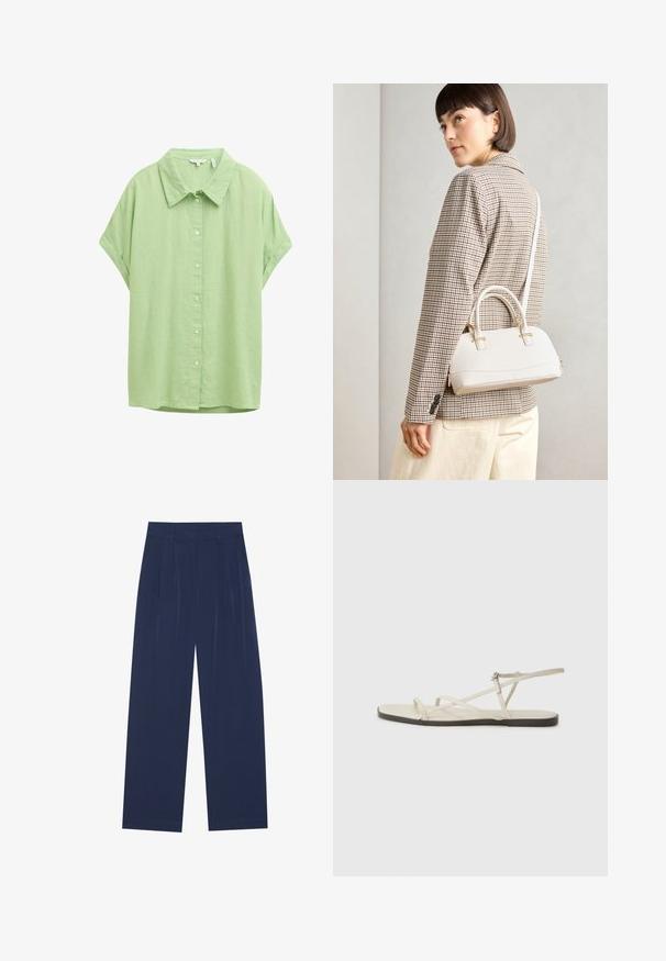 Srajca s kratkimi rokavi, z gumbi, v svetlo zeleni tkanini. Ima klasičen ovratnik, sproščen kroj in gladko teksturo.; Mornarsko modri široki hlače iz mehkega materiala, ki imajo sprednje drapiranje, gladko teksturo in ravno silhueto brez vidnih žepov.; Beige ravne sandale z več tankimi trakovi in nastavljivim zaponcem. Podplat je raven z rahlo temnim kontrastom na robu.; Bela strukturirana torba z kratkimi ročaji in naramnim trakom, z zlatimi okrasnimi elementi in teksturiranim materialom, prikazana na sivi podlagi.