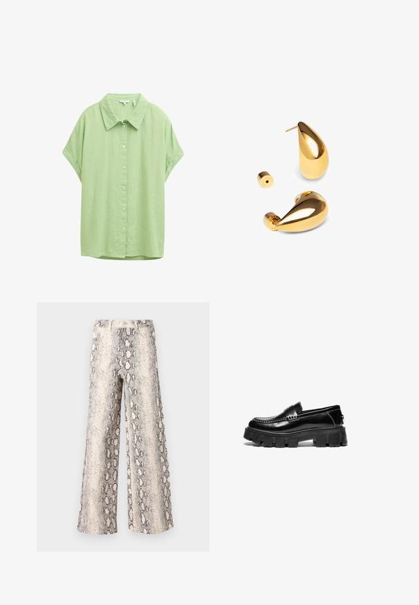 Short-sleeve, button-up shirt in light green fabric. Features a classic collar, a relaxed fit, and a smooth texture.; Wide-leg pants in a snake print pattern, featuring a cream and gray color scheme, made from textured fabric with a high-waisted design.; Black leather loafers with chunky rubber sole, decorative strap across the upper, and contrasting white stitching. Smooth texture with rounded toe.; Singularu DROP - Earrings - gold-coloured