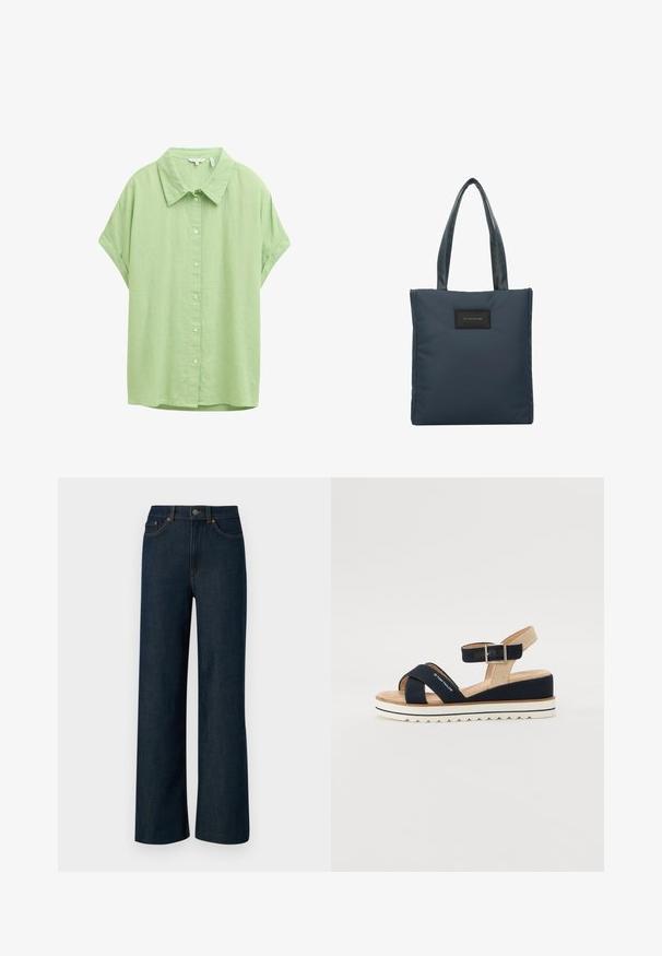 Camicia a maniche corte con bottoni in tessuto verde chiaro. Presenta un colletto classico, una vestibilità comoda e una texture liscia.; Jeans in denim blu scuro a gamba larga con cuciture arancioni a contrasto, cinque tasche e chiusura con bottone. Tessuto a trama liscia.; Sandalo blu navy con due cinturini in tessuto, cinturino alla caviglia regolabile e retro beige testurizzato. Suola spessa, bianca e scalloppata. Marca stampata sul cinturino.; Borsa a tracolla blu navy realizzata in nylon liscio, con due manici texturizzati e una patch rettangolare nera con logo sul fronte.