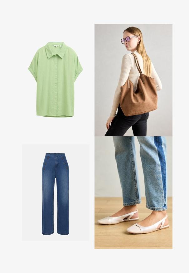 Kurzärmliges, geknöpftes Hemd aus hellgrünem Stoff. Verfügt über einen klassischen Kragen, eine lässige Passform und eine glatte Textur.; Hochgeschnittene Jeans aus Denim in mittlerem Blau. Besitzt auffällige Knopfdetails vorne und einen weit geschnittenen Stil. Der Stoff hat eine glatte Textur mit leichten Ausbleichungen.; Blassrosa Slingback-Ballerinas mit spitzem Punkt, aus einem glatten, lederähnlichen Material. Mit Ausschnitten an den Seiten und einem flachen Absatz.; Braune Wildleder-Tasche mit weicher Textur, großer Öffnung und langen Trägern. Sie verfügt über ein simples Design mit sichtbarem Stich und ohne Beschläge.