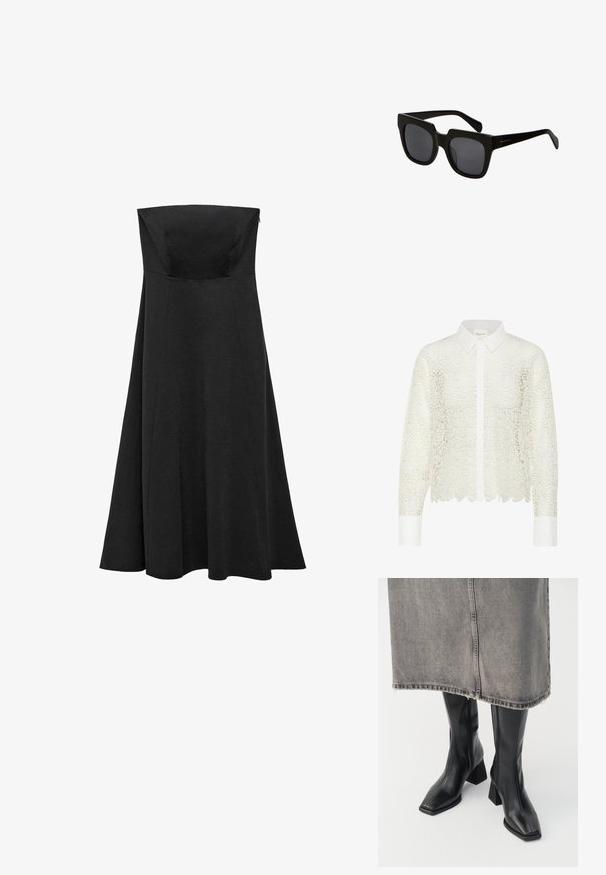 Biała, koronkowa bluzka w kwiaty z długimi rękawami, kołnierzykiem i zapięciem na guziki. Posiada falbaniasty dół i kontrastujące białe mankiety.; Czarna sukienka bez ramiączek z dopasowanym bodicem i rozkloszowaną, do ziemi spódnicą. Wykonana z gładkiego materiału bez widocznych wzorów czy akcentów.; Czarne kozaki za kolano z gładkiej skóry, o kwadratowym nosku i słupkowym obcasie. Noszone z szarym dżinsowym mini spódnicą z postrzępionym dołem.; Czarne prostokątne okulary przeciwsłoneczne z grubymi plastikowymi oprawkami i ciemnymi soczewkami. Ramiona są smukłe, z błyszczącym wykończeniem i minimalnym brandingiem.; Czarna skórzana torebka typu tote o luźnym kształcie i szerokim pasku na ramię. Posiada teksturowany, pleciony wzór z gładkim wykończeniem.
