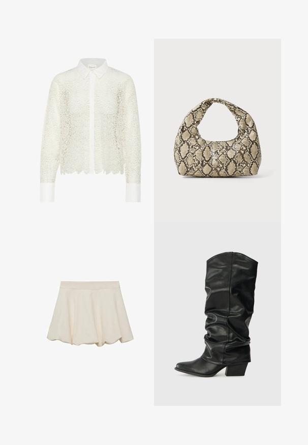 Weißes, florales Spitzenblusenoberteil mit langen Ärmeln, einem kragenförmigen Halsausschnitt und Knopfverschluss. Verfügt über einen gewellten Saum und kontrastierende weiße Bündchen.; Cremfarbene Bluse mit einer weichen, glatten Textur, schwingendem Design und einem gewellten Saum. Verfügt über einen breiten, elastischen Bund für zusätzlichen Komfort.; Schwarze Lederstiefel bis zum Knie mit einem rüschigen Design, spitzem Zehenbereich und breitem Absatz, mit glatter Texture und minimaler Naht.; Schlangenmuster-Tasche mit einem gebogenen Griff. Hergestellt aus strukturierten, beige- und braunfarbenen Materialien, die ein markantes Diamantmuster aufweisen.