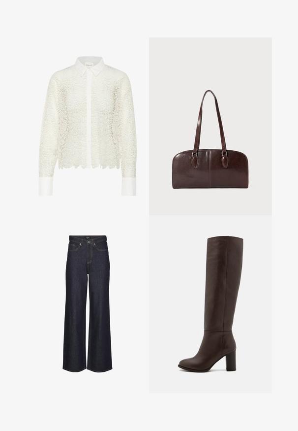 Vit blus i blomsterstickad spets med långa ärmar, kragens nacke och knappstängning. Har en scallopad nederkant och kontrasterande vita manschetter.; Högmidjade vida jeans i mörk denim. Har klassisk sömnad, fem fickor och en knäppning framtill.; Brun läder knähög stövel med klack, slät textur, rund tå och minimala sömnadsdetaljer.; Brun läderhandväska med två långa handtag, en strukturerad rektangulär form, slät textur och rundade kanter. Har accentdetaljer vid handtagen.