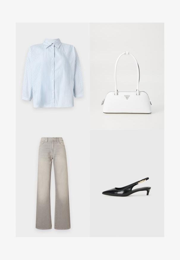 Světle modrá pruhovaná košile s knoflíky, má límeček, rukávy 3/4 a zkrácený lem. Vyrobena z hladkého materiálu s běžným střihem.; Šedé široké džíny s vybledlým vzhledem, zapínání na knoflík, pět kapsičkový design a prošívání podél švů.; Černé kožené boty na podpatku s otevřenou patou a špičatou špičkou, s tenkým podpatkem a zlatým akcentem na nastavitelném pásku. Hladký povrch.; Bílá kožená kabelka s zakřiveným tvarem, na které se nachází stříbrné trojúhelníkové logo a zipové uzavření. Hladký povrch a dvojité uši.