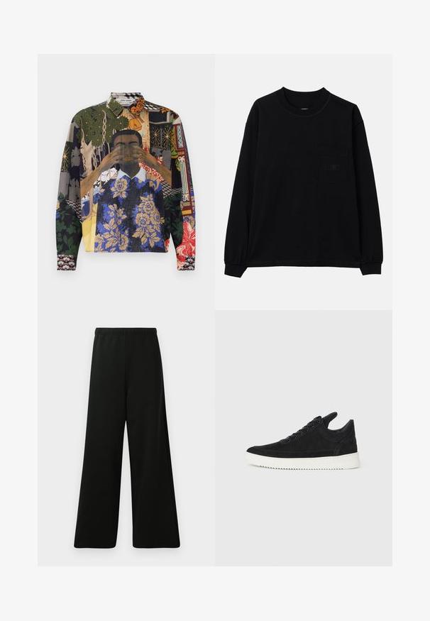Multicolored button-up shirt featuring a collage of patterns, including floral, geometric, and illustrated motifs on a textured fabric.; Black long-sleeve T-shirt made of cotton, featuring a round neck, a left chest pocket, and elasticated cuffs. Minimalist design with no patterns.; Black wide-leg pants made from soft fabric. Features an elastic waistband, smooth texture, and a simple, modern design without patterns.; Black suede sneaker with a white rubber sole, featuring tonal stitching and lace-up design. Smooth texture with a modern, streamlined shape.