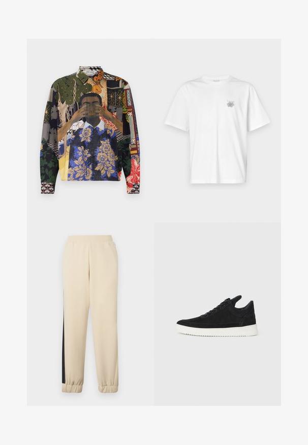 Bunt gemusterte Hemd mit Knöpfen, das eine Collage aus Mustern zeigt, darunter florale, geometrische und illustrierte Motive auf einem texturierten Stoff.; Weißes T-Shirt aus Baumwolle mit kurzen Ärmeln, Rundhalsausschnitt und kleinem grauen Logo auf der linken Brustseite. Glatte Textur.; Cremfarbene Jogginghose mit schwarzen Seitenstreifen, elastischem Bund und gerippten Bündchen. Weicher Stoff mit lockerer Passform.; Schwarze Wildleder-Sneaker mit einer weißen Gummisohle, die sich durch elegante Nähte und ein schnürbares Design auszeichnen. Glatte Textur mit einer modernen, stromlinienförmigen Form.