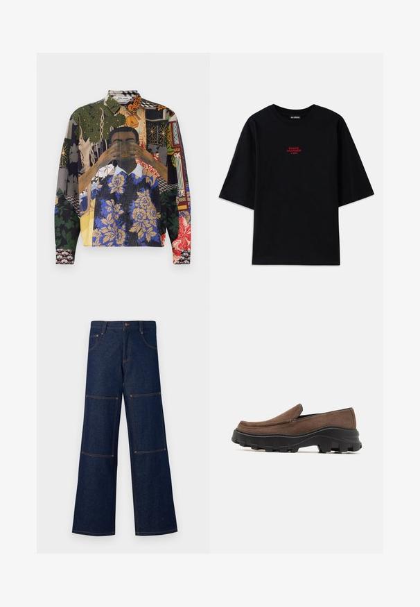 Multicolored button-up shirt featuring a collage of patterns, including floral, geometric, and illustrated motifs on a textured fabric.; Black cotton T-shirt with short sleeves and a crew neck. Features a red "SNAKE CHARMER" graphic on the chest.; Dark blue denim wide-leg pants with contrasting orange stitching, featuring large patch pockets on each leg and a button closure at the waist.; Brown suede slip-on shoe with a thick black rubber sole featuring bold traction patterns and a smooth, rounded toe design.