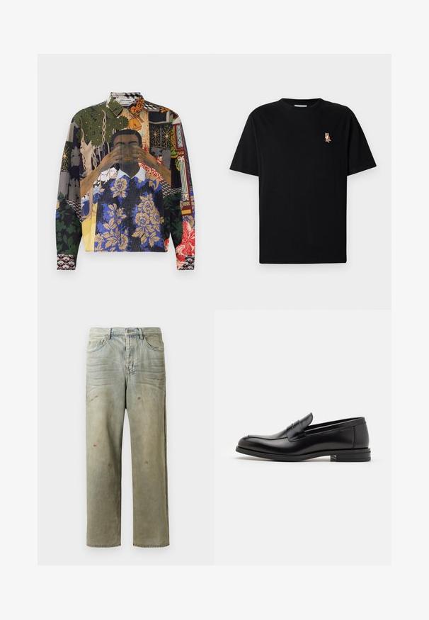 Mnohofarebná košeľa na gombíky s kolážou vzorov, vrátane kvetinových, geometrických a ilustrovaných motívov na textúrovanej tkanine.; Čierne tričko s krátkym rukávom a okrúhlym výstrihom s malým vyšitým logom oranžovej líšky na ľavej hrudi.; Zničené džínsy vo svetlozelenej farbe s rovnými nohavicami, piatimi vreckami a nerovnomerným vyblednutím so škvrnami od farby.; Čierne kožené mokasíny s hladkou textúrou, zaoblenou špičkou a dekoračným pásikom cez priehlavok. Nízky vrstvený opätok, minimalistický dizajn.