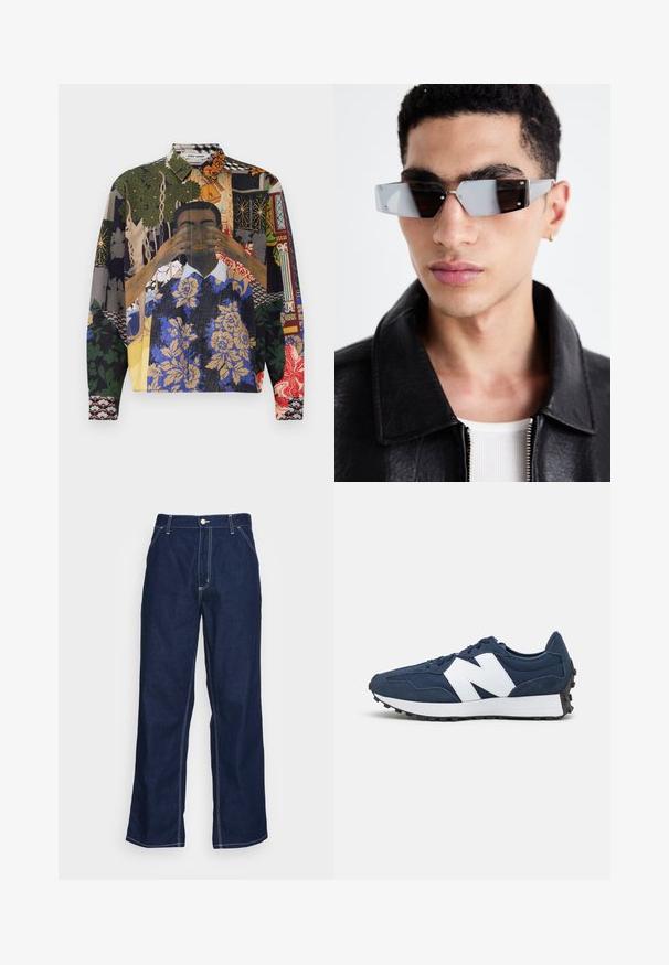 Mitmevärviline nööbipaneeliga särk, mis sisaldab mustrite kollaaži, sealhulgas lille-, geomeetrilisi ja illustreeritud motiive tekstuurilisel kangal.; Tumed sinised denim püksid laia säärega, kõrge talje, ees olevate taskutega ja kontrastsete valgete õmblustega õmblustes.; Tumesinine spordijalatsid valge logoga, sueded ja sissetõmmatav ülemine osa, millel on pehmendatud kaelus, lame pael ja tekstuuriga must kummist tall.; Angular hallikatega tumedad prillid hõbedaste detailidega, heleda tausta ees. Prilliklaasid omavad ainulaadset geomeetrilist kuju.