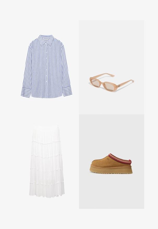 Lichtblauw overhemdd met verticale witte en blauwe strepen, met een klassieke kraag en lange mouwen met knoopmanchetten.; Witte gestapelde rok van lichtgewicht stof, met een rekbare tailleband, ruches en een vloeiende ontwerp dat tot halverwege de kuit reikt.; Bruine suède instapschoen met een rood en crèmekleurig patroon aan de rand, een gestructureerde zool en het UGG-logo aan de zijkant. Heeft een lichte platformhoogte.; Zonnebril met een transparante lichtbruine montuur, ovale lenzen en slanke pootjes met een subtiele ingek Graveerde logo. Matte afwerking met een minimalistisch ontwerp.; Tan suède schoudertas met een grote opening en lange franjes aan beide zijden, met een gladde textuur en een enkele handgreep.