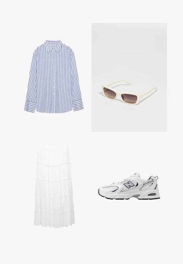 Svetlo modra srajca s gumbom in navpičnimi belimi in modrimi črtami, ki ima klasičen ovratnik in dolge rokave z gumbnimi manšetami.; Bela večplastna krila iz lahkotnega materiala, ki ima elastičen pas, nabrane plasti in tekoč dizajn, ki se razteza do sredine meč.; Bele športne copate z mrežasto zgornjimi deli, mornarskimi naglasnimi barvami in oblazinjeno podplatom. Vključujejo logotip "N", vezalke in teksturirane detajle na strani.; Bela sončna očala s pravokotnim okvirjem in rjavimi gradientnimi lečami. Imajo gladko plastično teksturo in logo na strani ročaja.; Zlati ogrlice z ovalnimi, udarenimi povezavami, z zapiralom in nastavljivim pasom za dolžino. Teksturna površina z refleksnim sijajem.