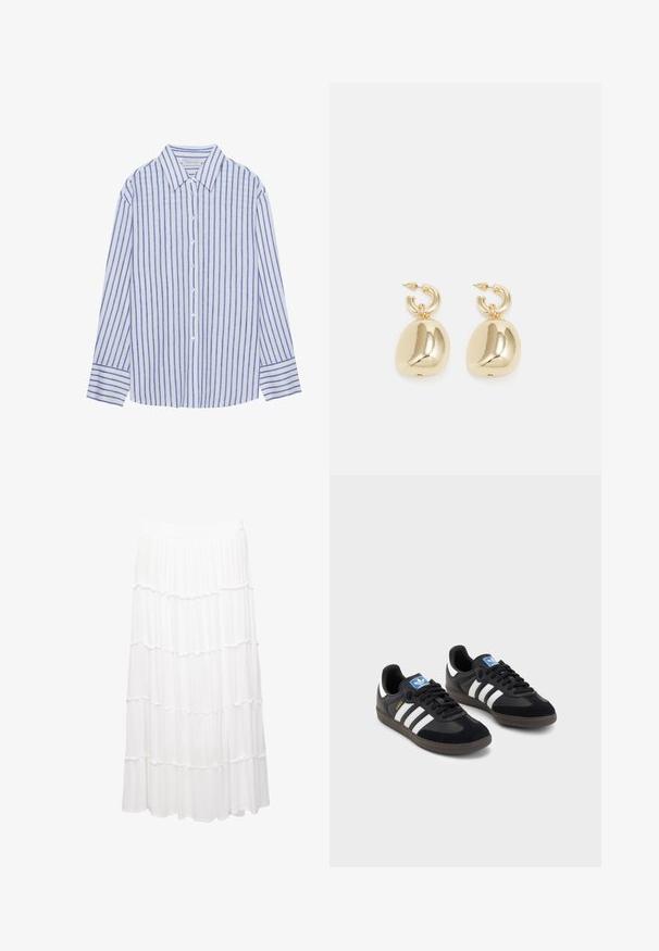 Chemise bleu clair à manches longues, avec des rayures verticales blanches et bleues, dotée d'un col classique et de poignet à boutons.; Jupe blanche à volants en tissu léger, dotée d'une taille élastique, de couches froncées et d'un design fluide qui descend jusqu'au milieu du mollet.; Des baskets noires avec une tige en suède et en matériaux synthétiques, dotées de trois rayures blanches, d'une semelle en caoutchouc texturé et d'une étiquette de logo bleue sur la languette.; Boucles d'oreilles en or avec des pendentifs lisses et ronds au fini réfléchissant, suspendues à une attache en créole texturée.