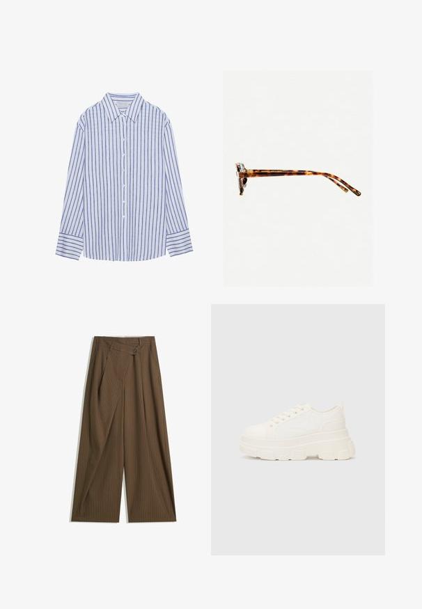 Svetlo modra srajca s gumbom in navpičnimi belimi in modrimi črtami, ki ima klasičen ovratnik in dolge rokave z gumbnimi manšetami.; Brahke široke hlače z ozkimi belimi črtami, visok pas, sprednje gumbasto zapiranje in prekrivni panel v stilu ovitka.; Bela platnena teniska z debelim podplatom, okroglo konico in petimi luknjicami za vezalke. Zadaj je dodana zanka za enostavno obuvanje. Gladka tekstura, minimalistična zasnova.; Sončna očala iz želvosliva z debelimi okvirji, rahlo ukrivljenimi nogicami in gladko teksturo. Imajo klasičen dizajn z sijočim finišom.
