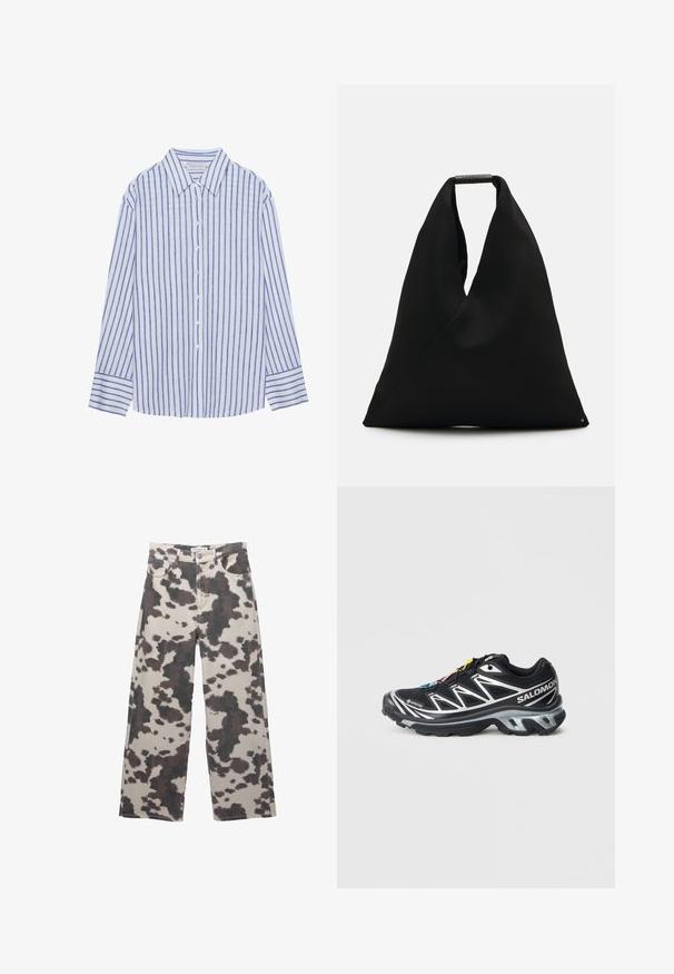 Világoskék gombos ing, függőleges fehér és kék csíkokkal, klasszikus gallérral és hosszú ujjakkal, gombos mandzsettával.; Bézs színű, széles szabású farmernadrág barna tehénmintával. Gombos záródással és öt zsebes kialakítással rendelkezik. Denim szövetből készült.; Fekete futócipő ezüst kiegészítőkkel, GORE-TEX anyagból, struktúrált talppal és színes fűzőkkel. Párnázott sarokkal rendelkezik a támasz érdekében.; Fekete szövet bevásárlótáska egy egyedi V-alakú dizájnnal és sima textúrával. Rövid kezelővel rendelkezik, minimalista fémrészekkel.