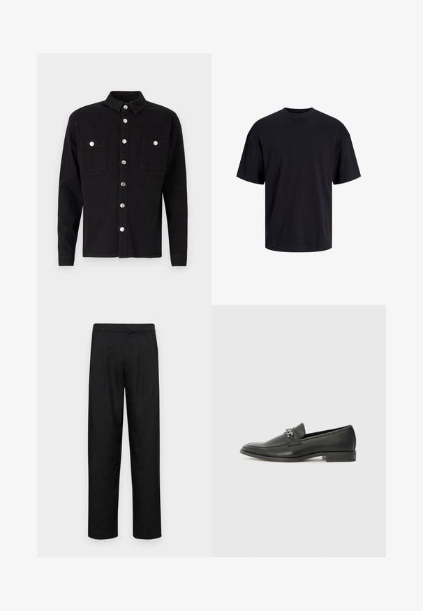 Denim Project LOOSE OVERSIZED - Camicia - black washed; T-shirt in cotone nero con collo rotondo, maniche corte e vestibilità morbida. Texture liscia senza pattern o dettagli visibili.; Pantaloni neri realizzati in tessuto liscio, caratterizzati da un taglio dritto, due pieghe frontali e una vita standard con passanti per la cintura.; Mocassino in pelle nera con finitura liscia, caratterizzato da un design cucito e da un accento decorativo in catena metallica sul vamp. Tacco piatto.